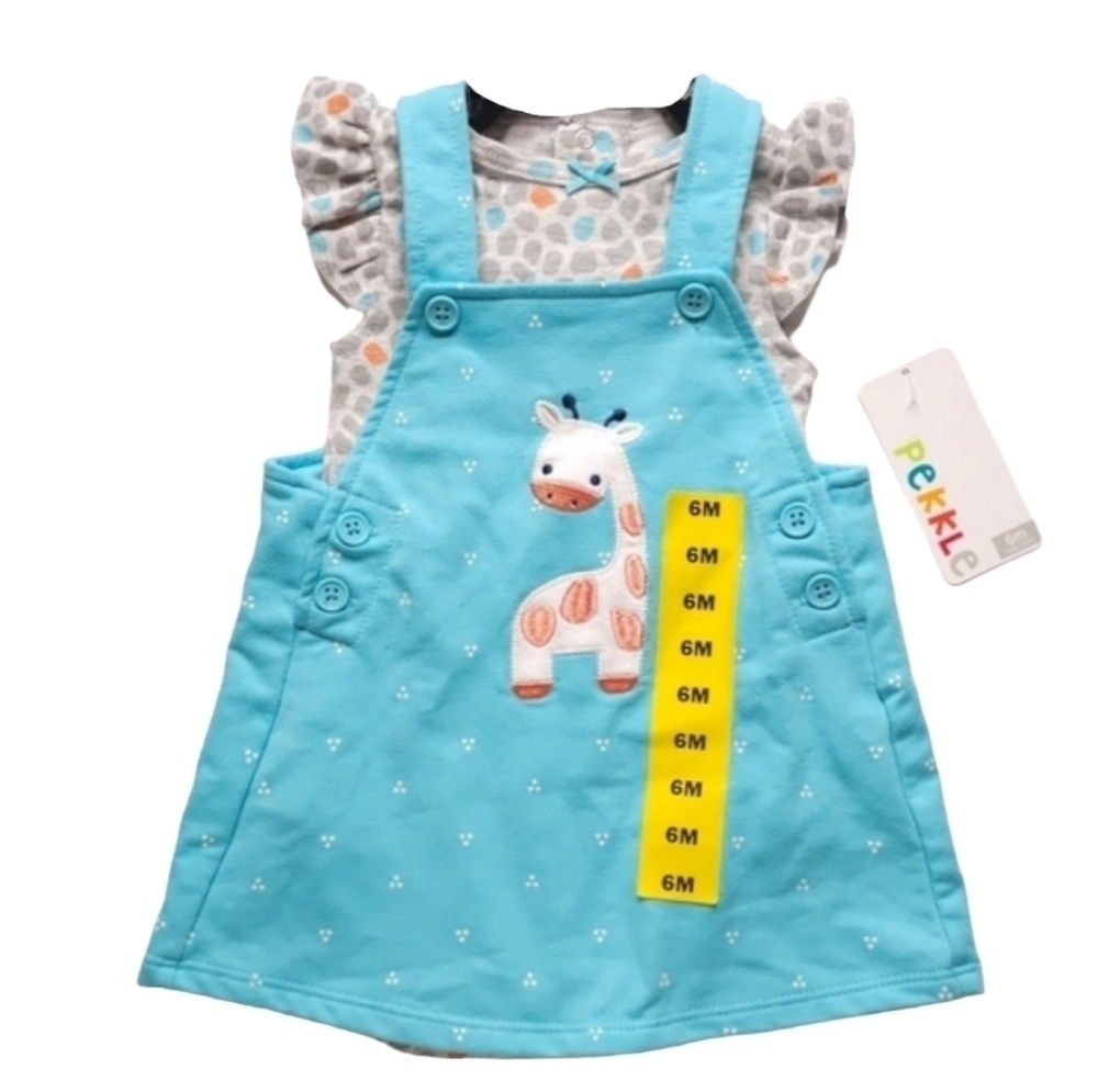 $⬇️ Pekkle 2 piece Turquoise Pinafore Dress + Grey Onesie Ruffle Cap Sleeve 6M